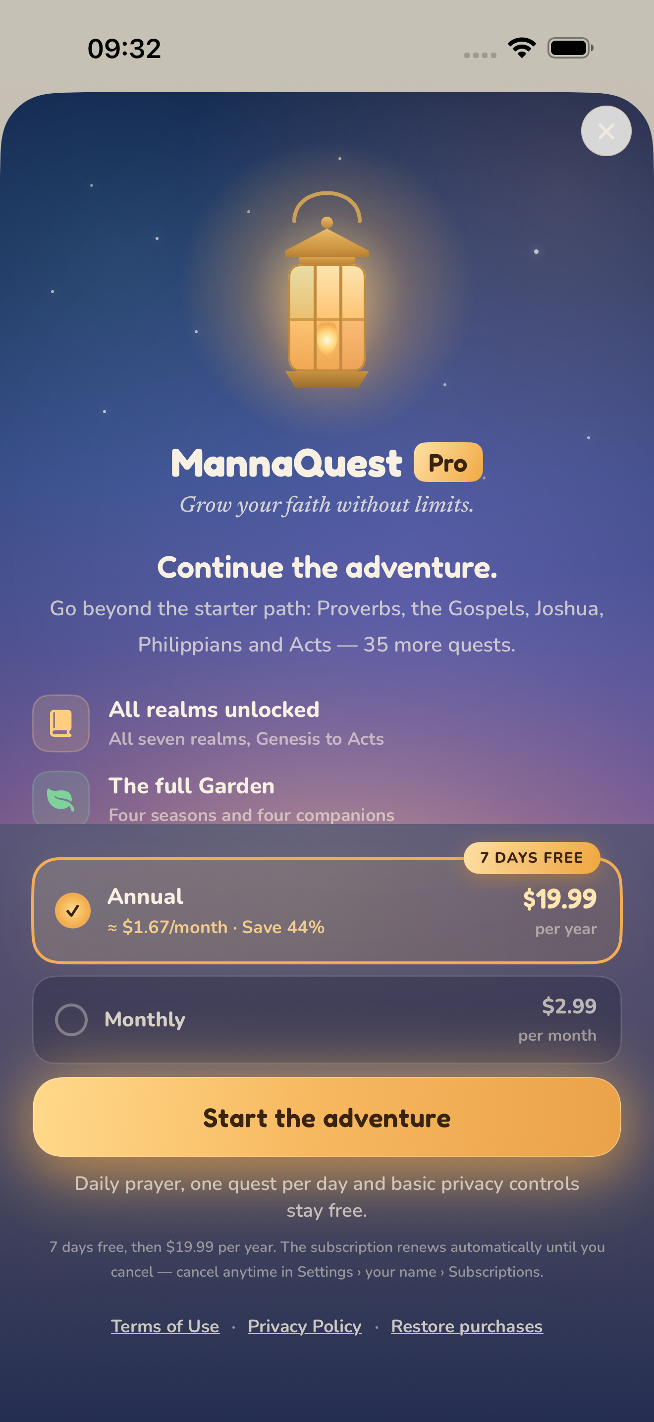 MannaQuest Pro screen with annual and monthly subscription options.